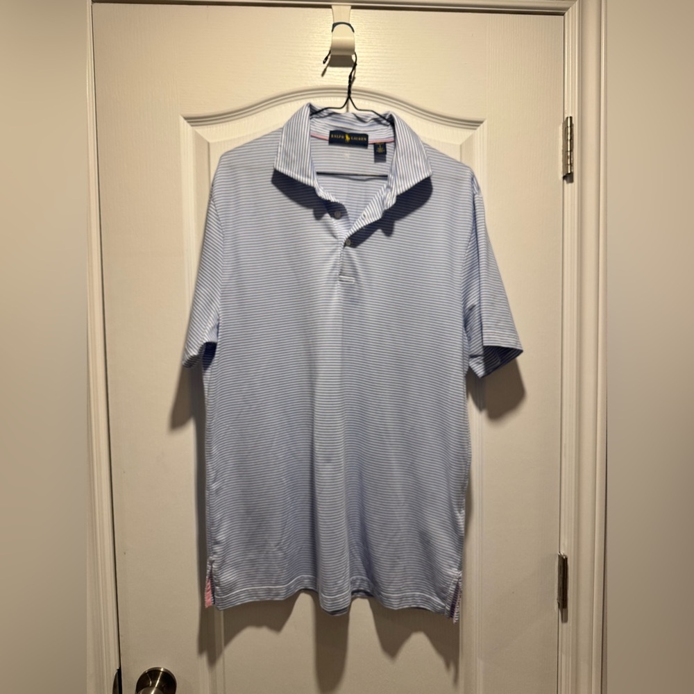 174- Ralph Lauren blue label blue and white stripped profit wicking  polo shirt